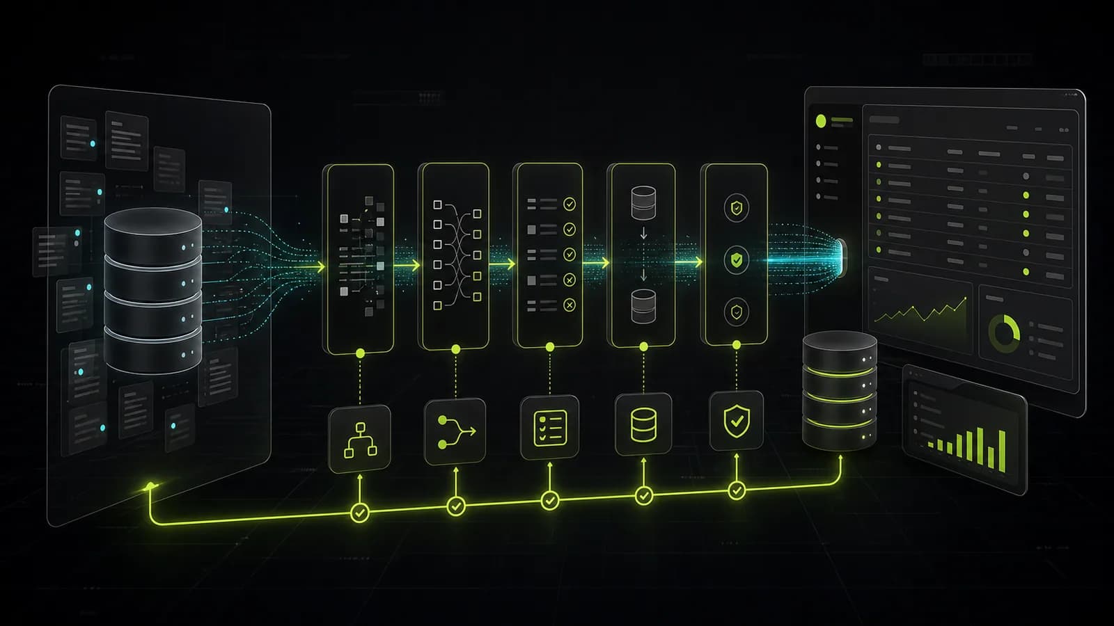 Dark technical blog cover showing CRM data moving safely from a complex source system into a cleaner Zoho-style CRM workspace with mapping, validation, and migration checkpoints