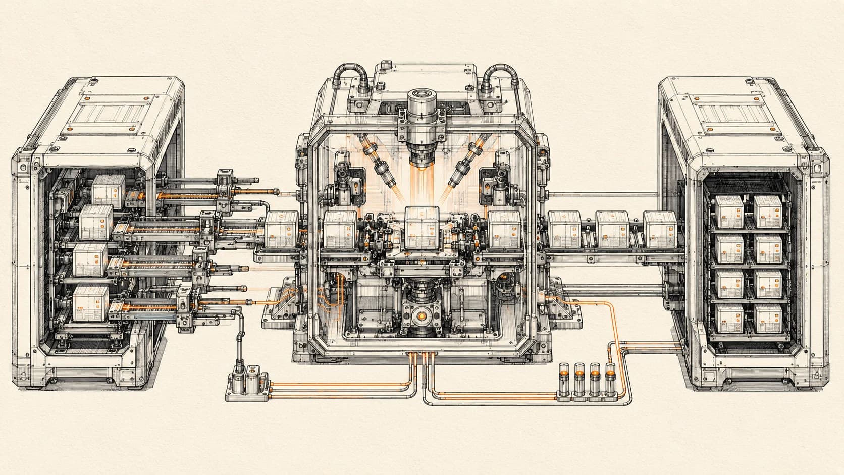 Technical atelier illustration of a precision transfer mechanism moving labeled data containers from one system module to another along transfer rails with cleaning and verification checkpoints in between