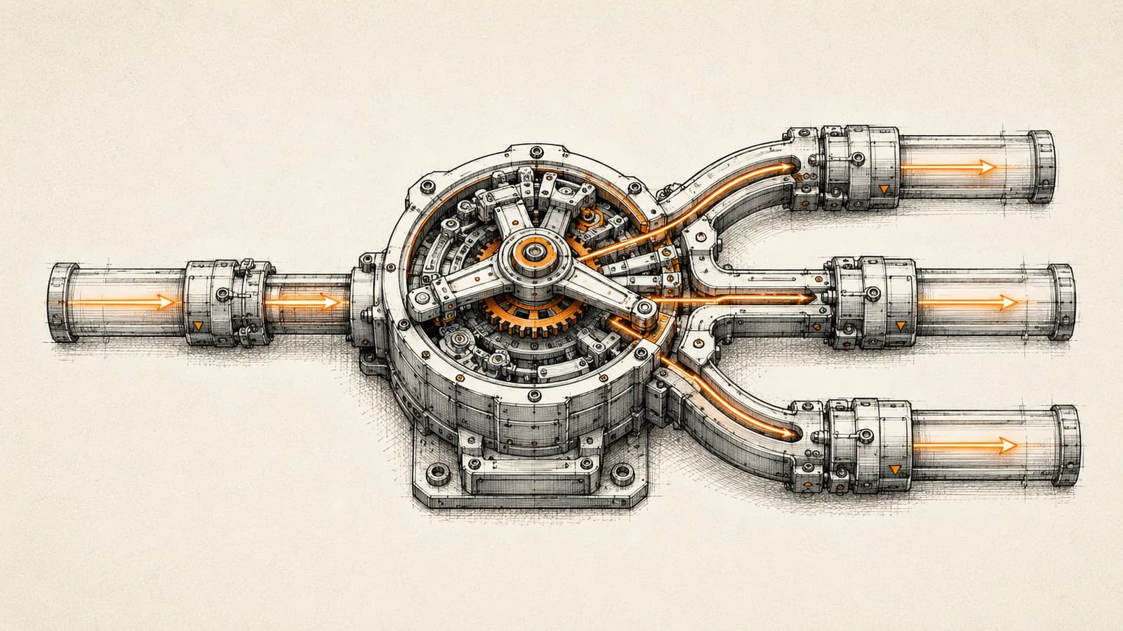 Technical illustration of a mechanical routing valve splitting one incoming channel into three precise outgoing paths, symbolizing WhatsApp Business API automation routing messages by identity, pacing, and category.