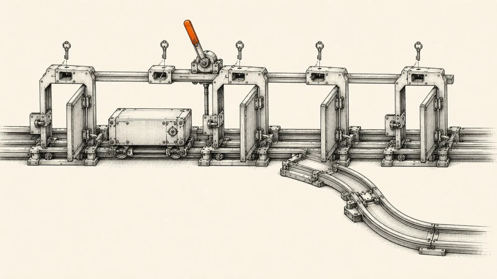 Technical illustration of a single modular block moving along a mechanical track through hinged stage gates, representing a Zoho CRM Blueprint sales process.