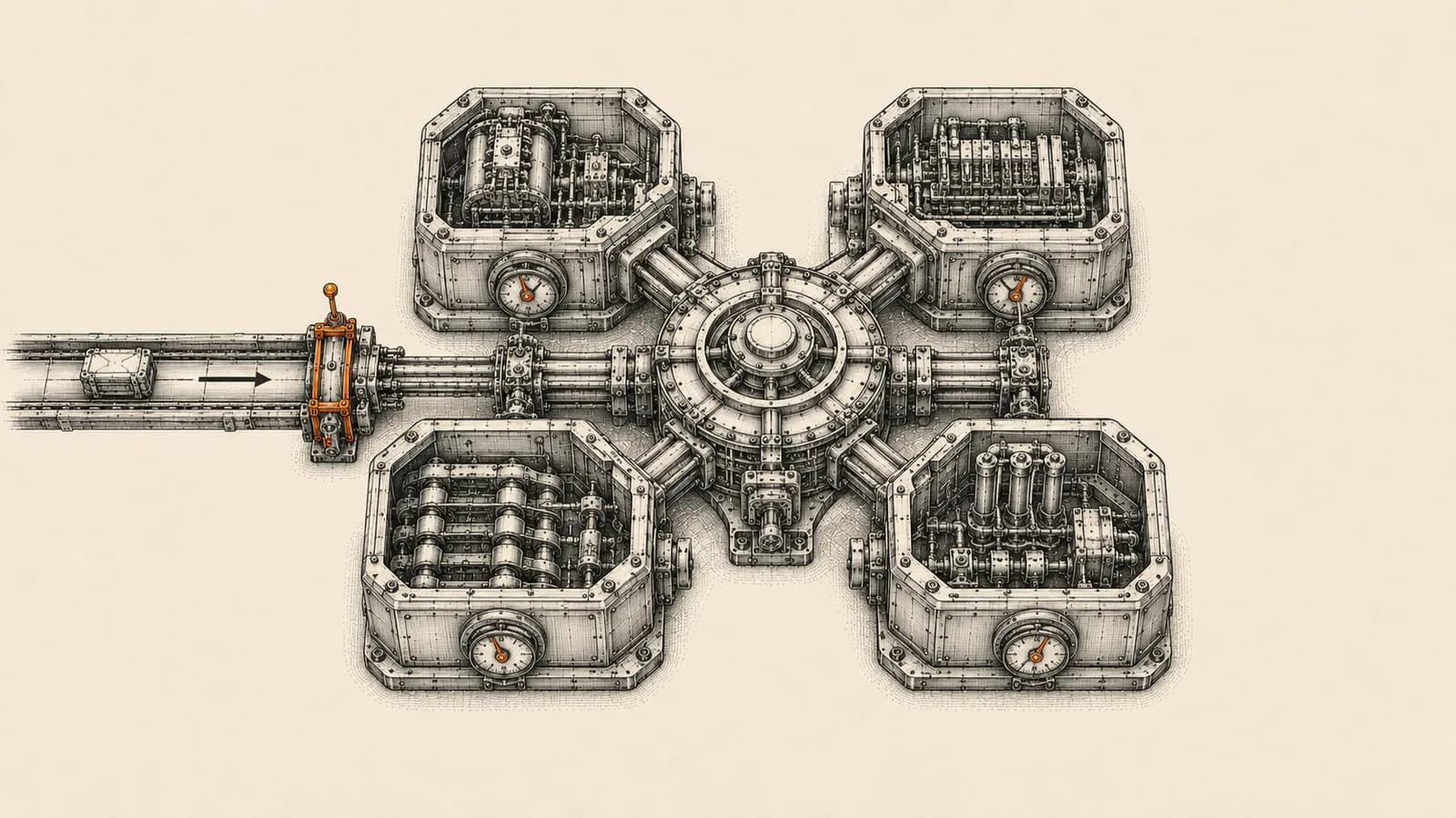 Technical illustration of a central CRM hub surrounded by separate team module chambers, with one receiving an incoming cross-team request through a marked intake channel.