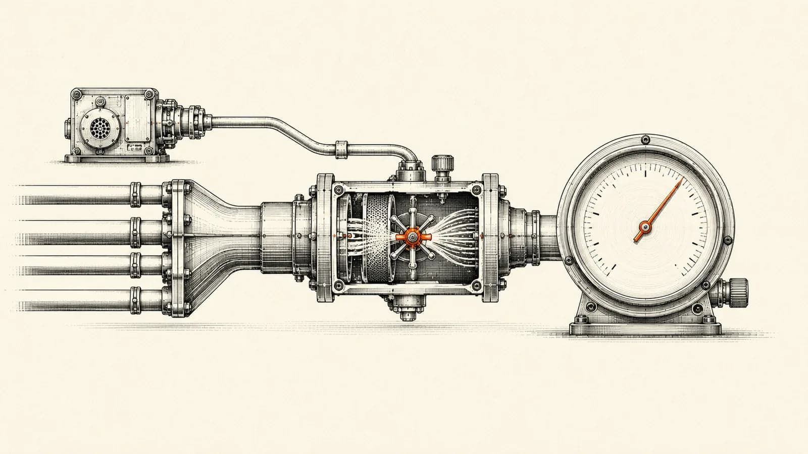 Technical illustration of two data conduits from a CRM module and external business systems merging through a blending chamber into a single calibrated reporting dial.