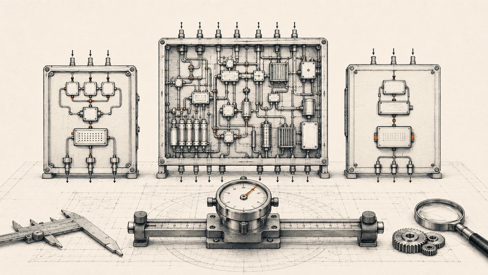 Technical atelier illustration of three modular system panels of different scale and complexity arranged side by side with a precision calibration instrument between them, representing structured comparison of competing CRM platforms