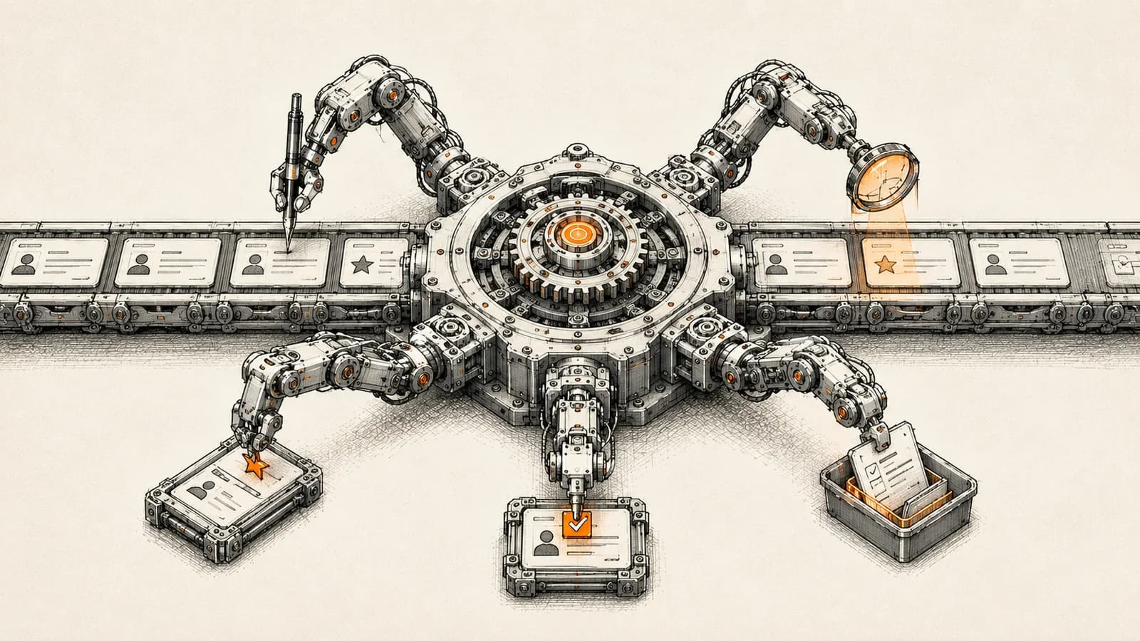Technical illustration of a central control mechanism routing signals to smaller automated arms inside a CRM-like structure, representing AI agents handling sales tasks autonomously.