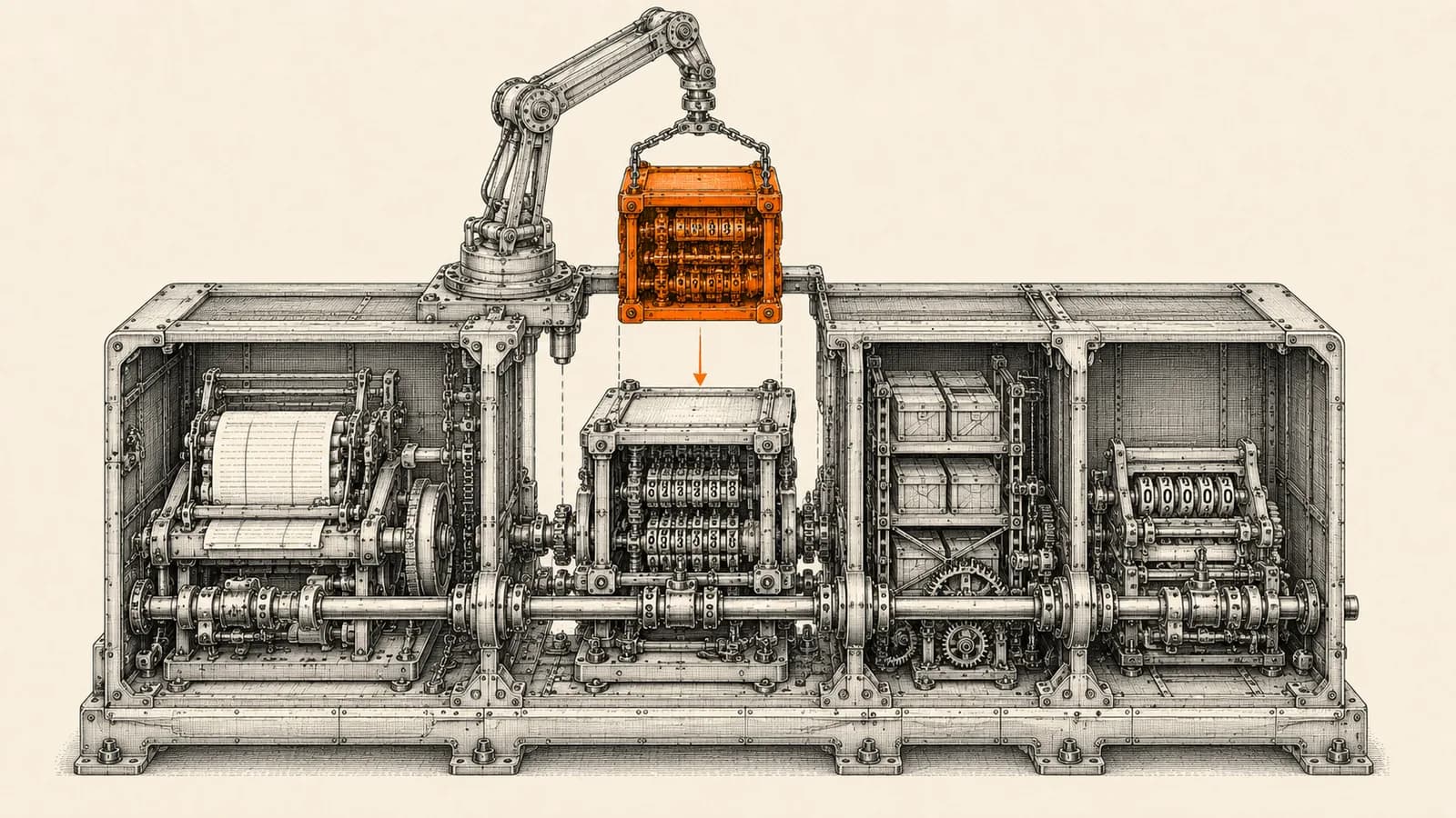 Technical atelier illustration of a modular business operations machine with separate finance, inventory and payroll bays, one module being swapped for a larger one on a shared driveshaft.