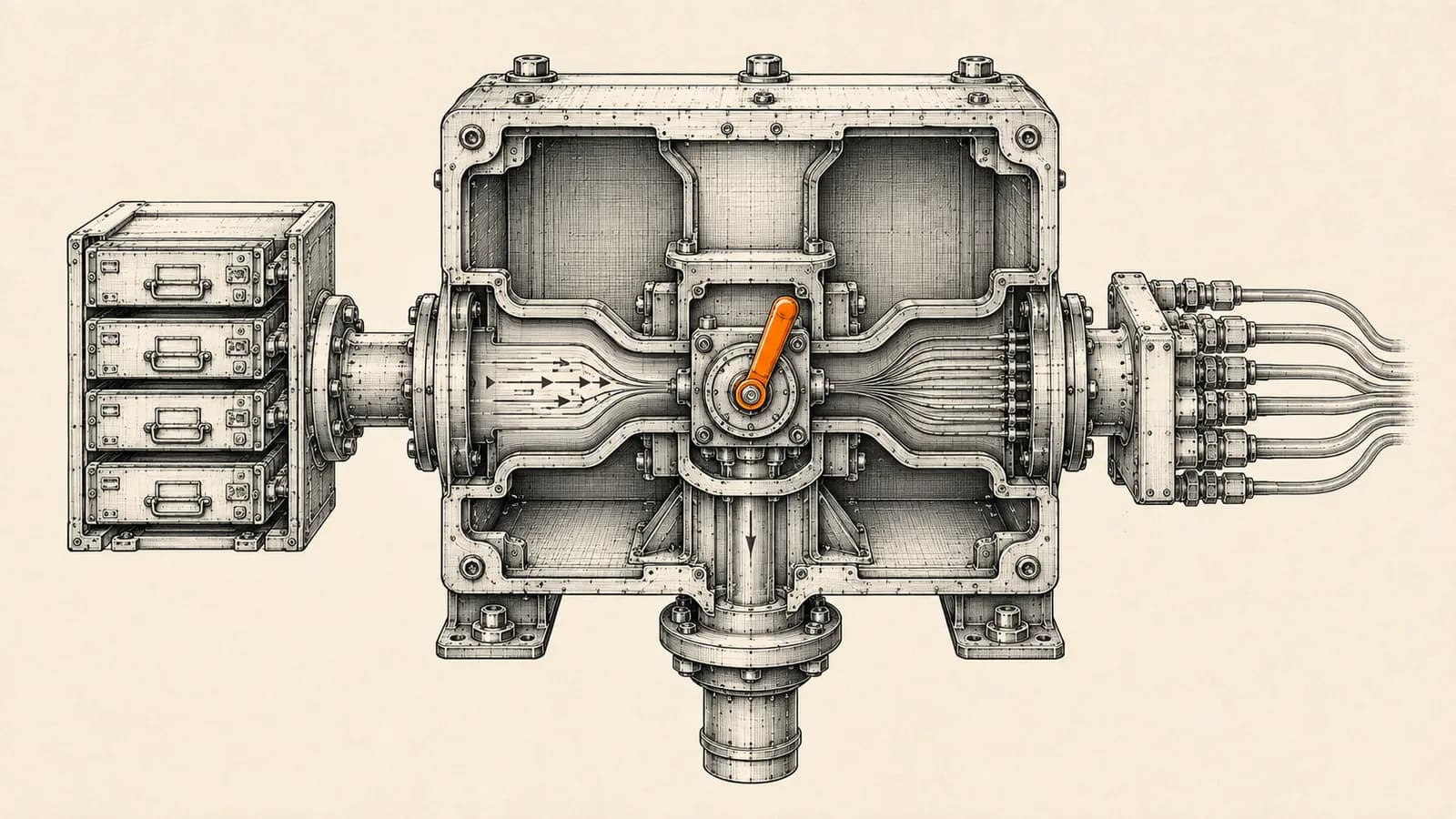 Technical illustration of a mechanical junction where two routing channels, one fed by modular record drawers and one by an external connector manifold, converge on a central control valve with an orange selector lever.
