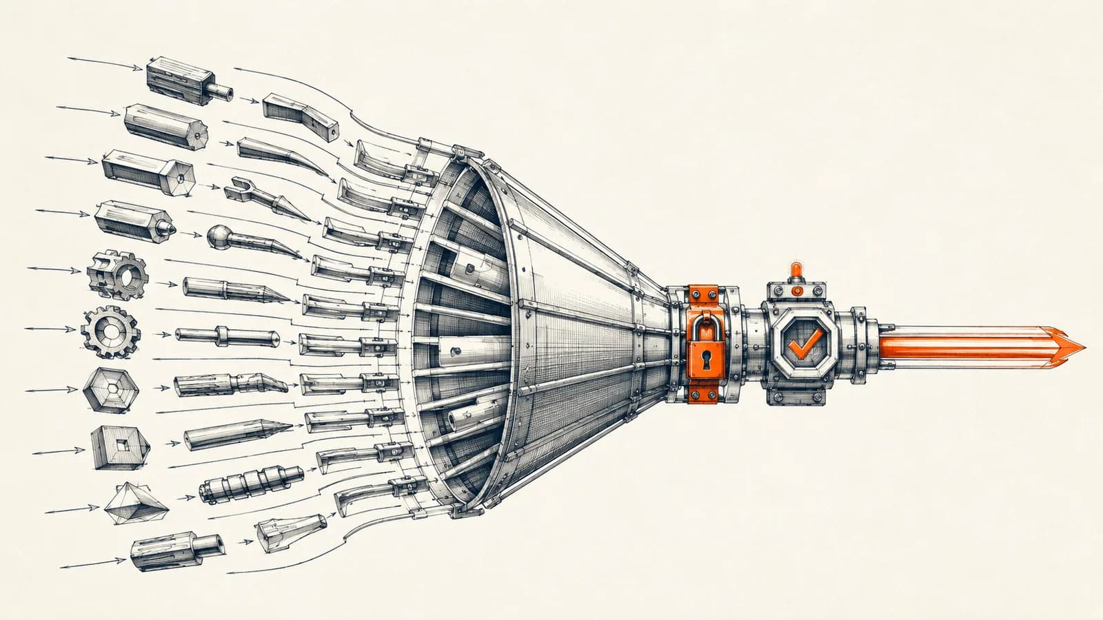 Technical illustration of a mechanical funnel filtering many labeled tool components down through a locking gate into one verified channel, representing controlled AI agent tool access.