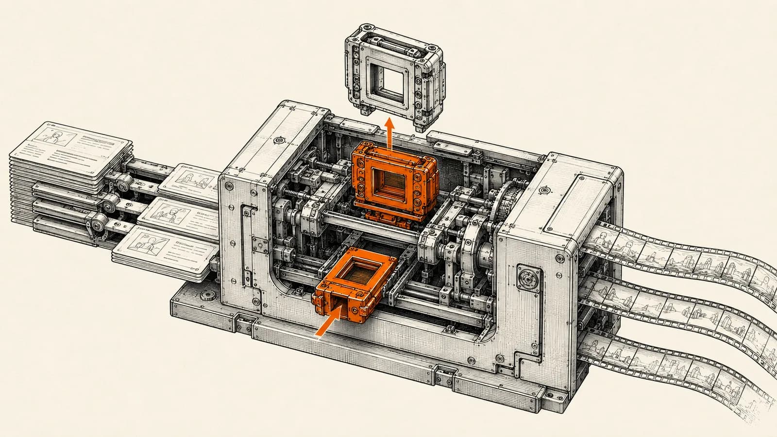 Technical atelier illustration of a modular video rendering machine with an interchangeable model cartridge at its centre, structured briefs feeding in and finished video output leaving the system.