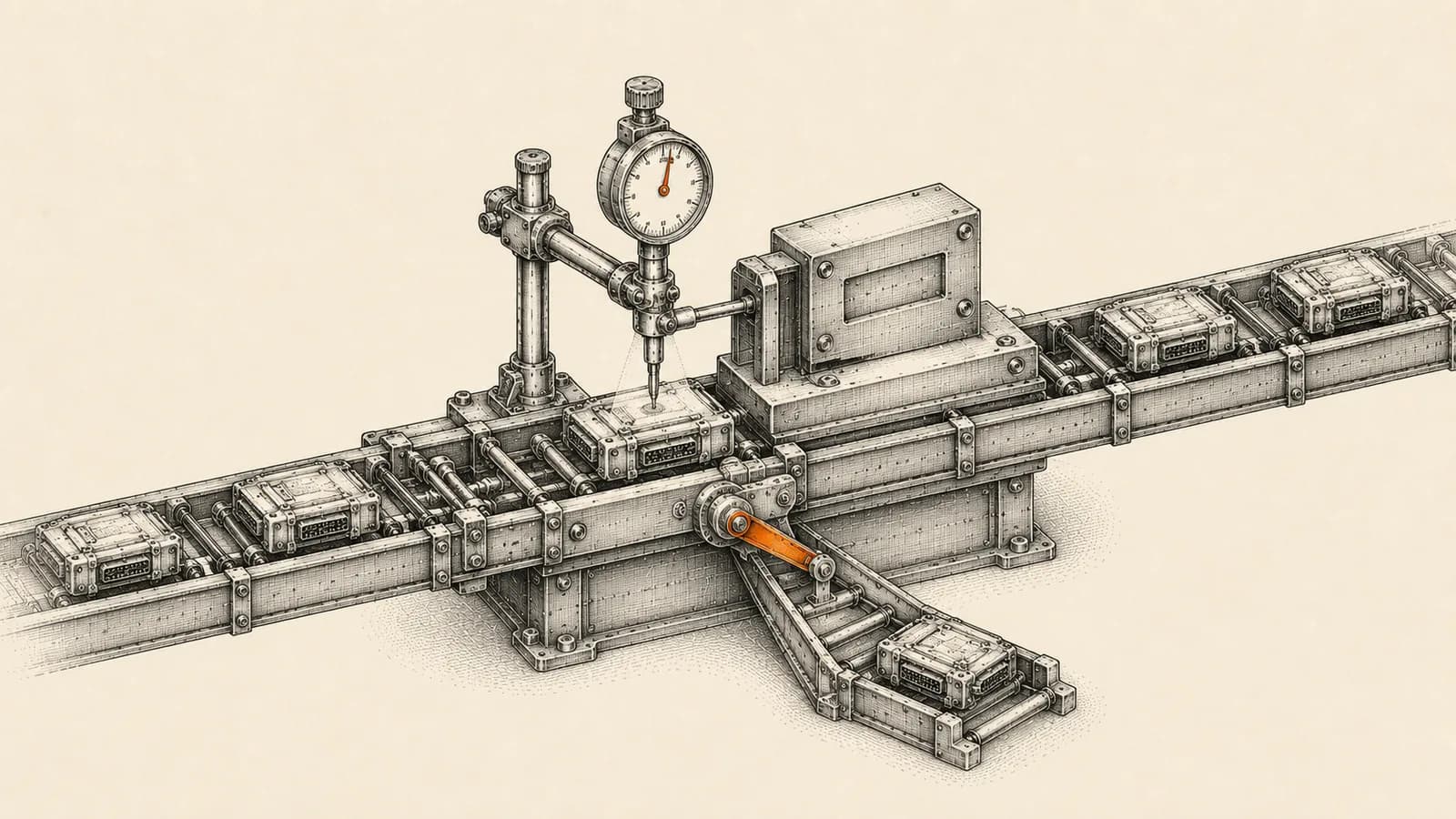 Technical atelier illustration of a precision inspection station on an automated workflow line, comparing each component against a master reference block and diverting out-of-tolerance parts.