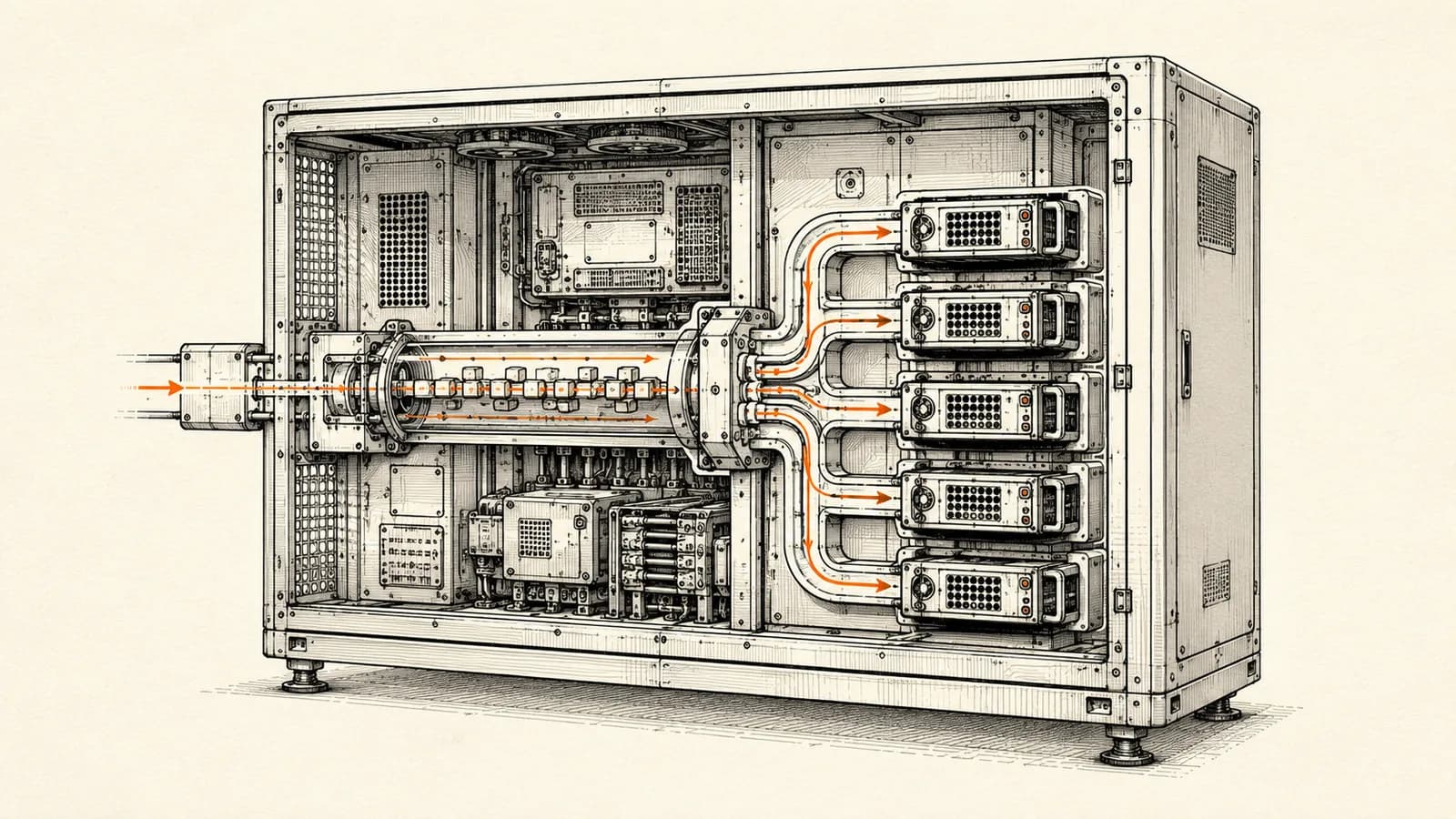 A technical cutaway illustration of a single on-premise server enclosure routing automation workflows through a central queue to a cluster of worker modules, representing a self-hosted n8n deployment.