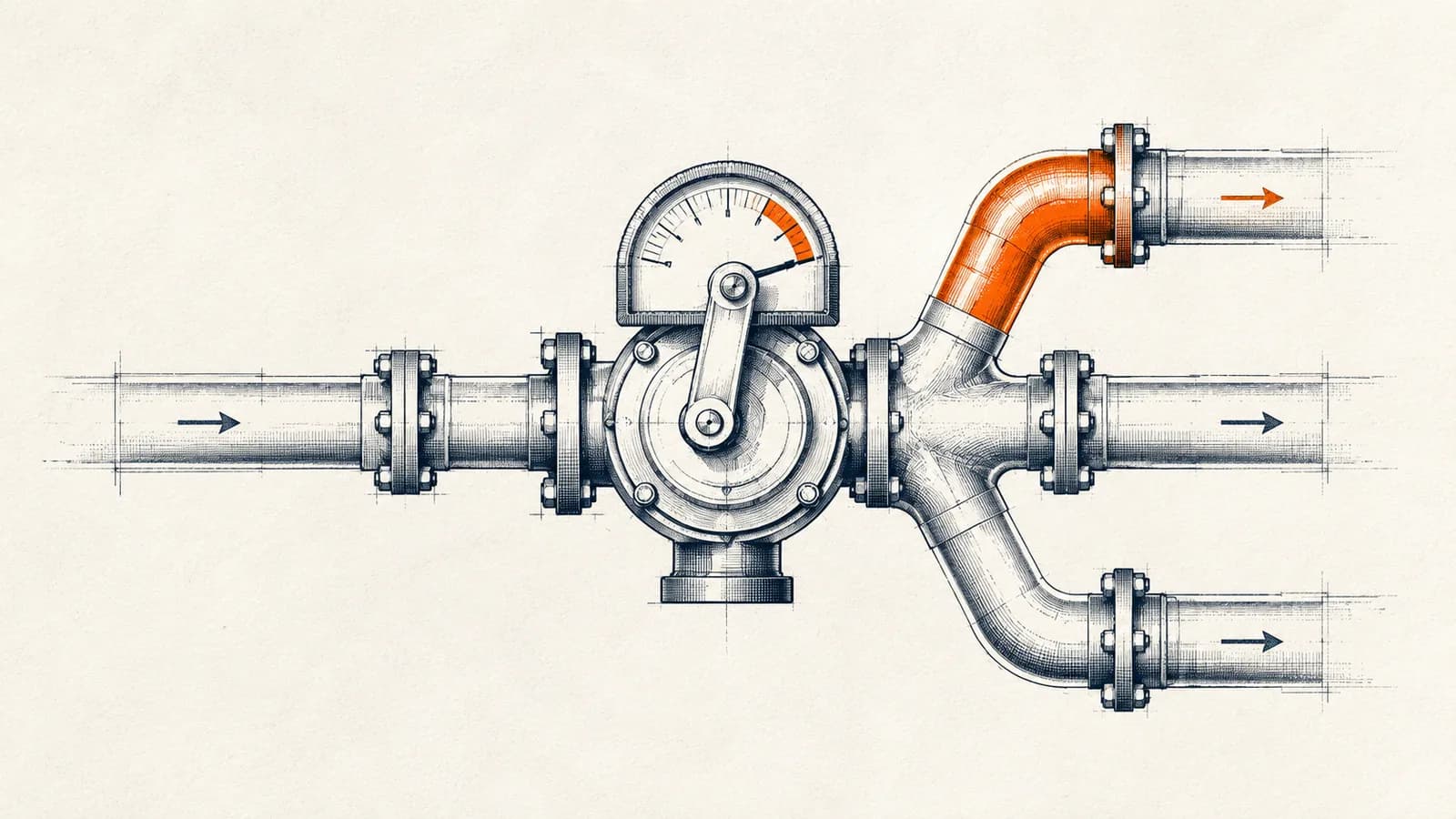 Technical illustration of a mechanical routing valve splitting one incoming pipe into three channels, symbolizing agentic decision-making in Zoho Flow automation.